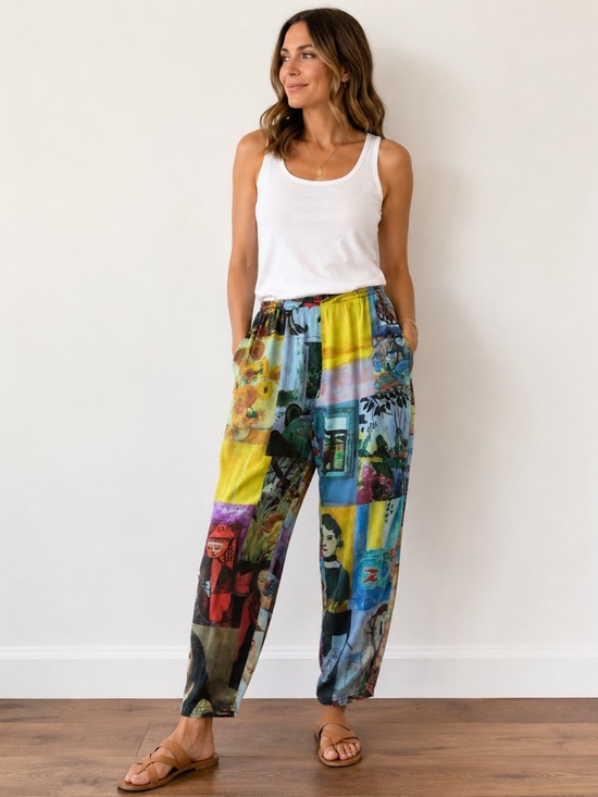URU Pants - URU 100% Silk Art Print Pants Elastic Waist Pockets Made USA NWOT No Size Tag